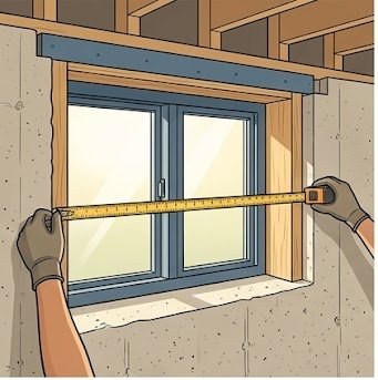 Cross-section of basement egress window rough opening in concrete foundation wall with tape measure