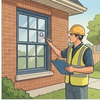 Building inspector in safety vest examining NFRC energy label on newly installed replacement window