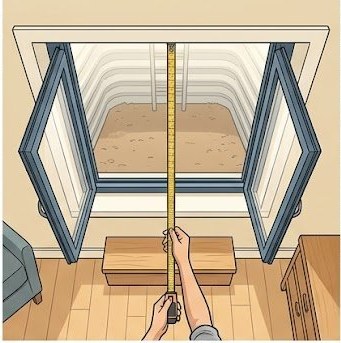 Homeowner measuring net clear height of open casement window for egress compliance