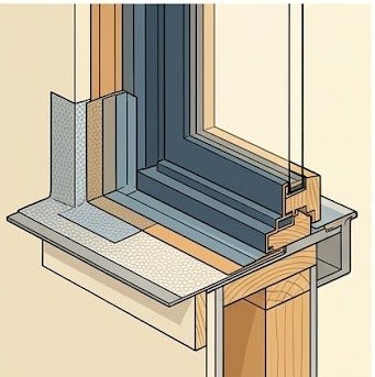 Cross-section diagram showing correct window flashing assembly: sill pan, jamb flashing, and head flashing layers